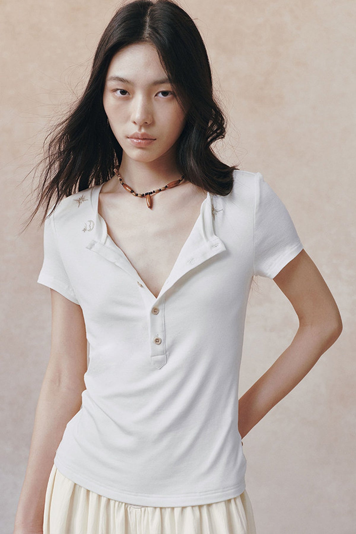 Embroidered Lyocell Henley Top