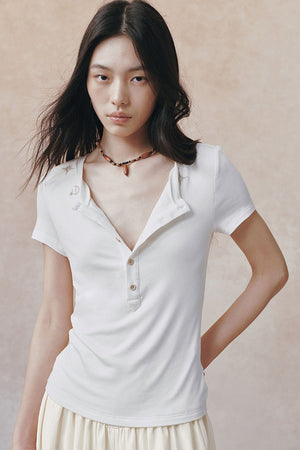 Embroidered Lyocell Henley Top