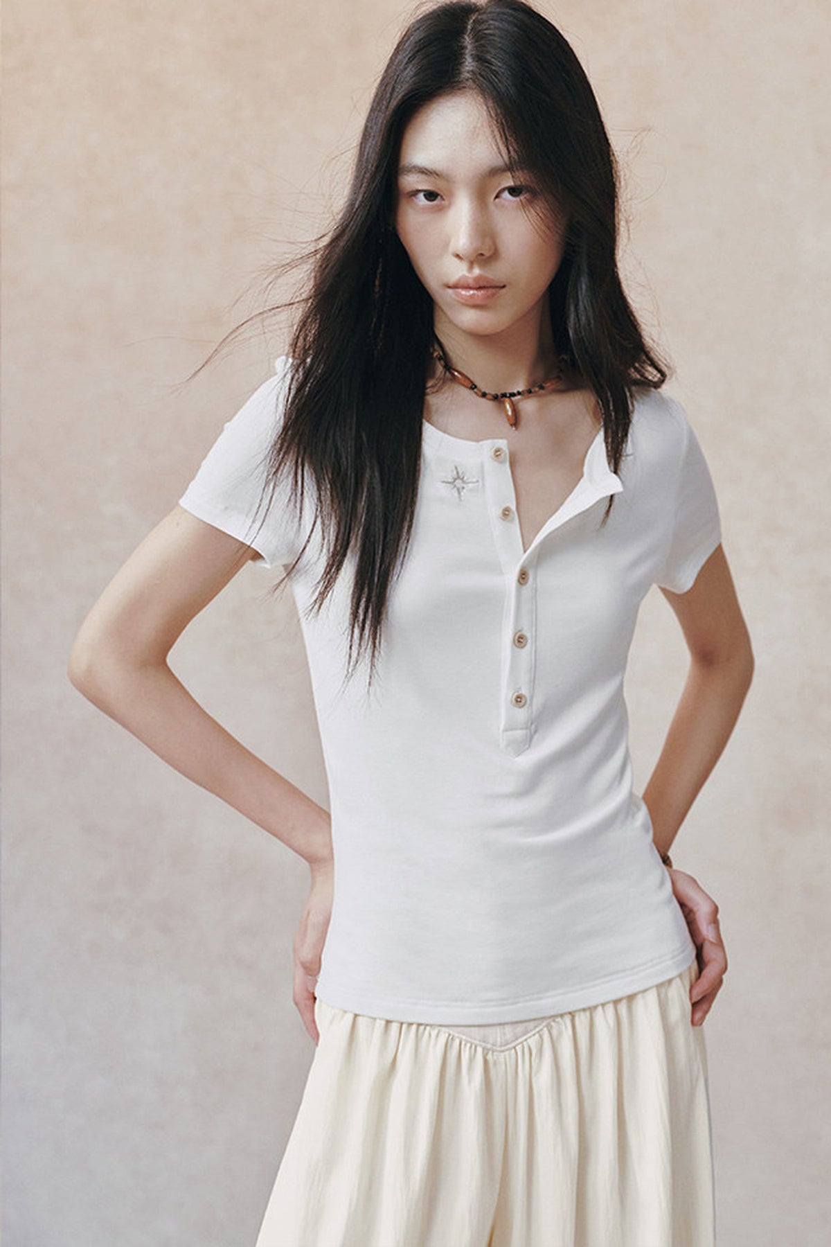 Embroidered Lyocell Henley Top