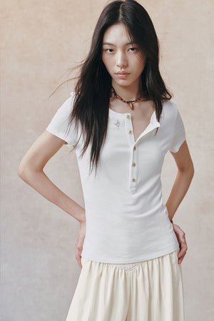 Embroidered Lyocell Henley Top