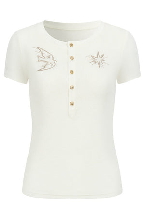 Embroidered Lyocell Henley Top