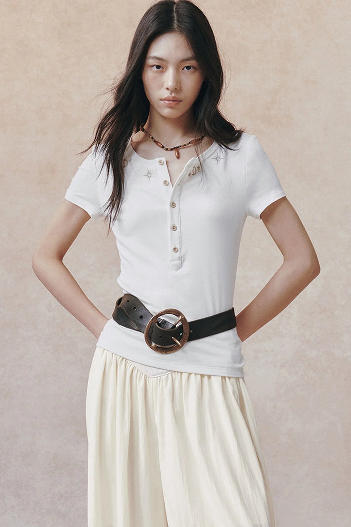 Embroidered Lyocell Henley Top