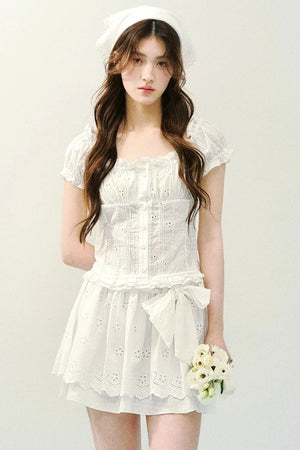 Embroidered Plaid Bow Skirt Set-Up