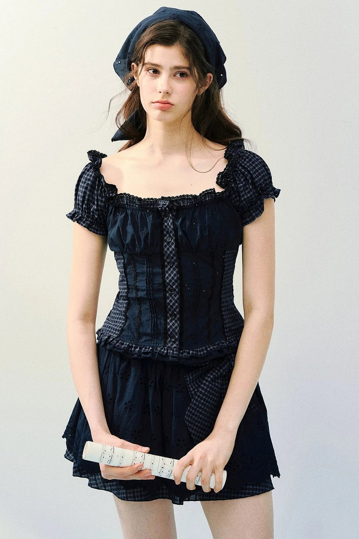 Embroidered Plaid Bow Skirt Set-Up