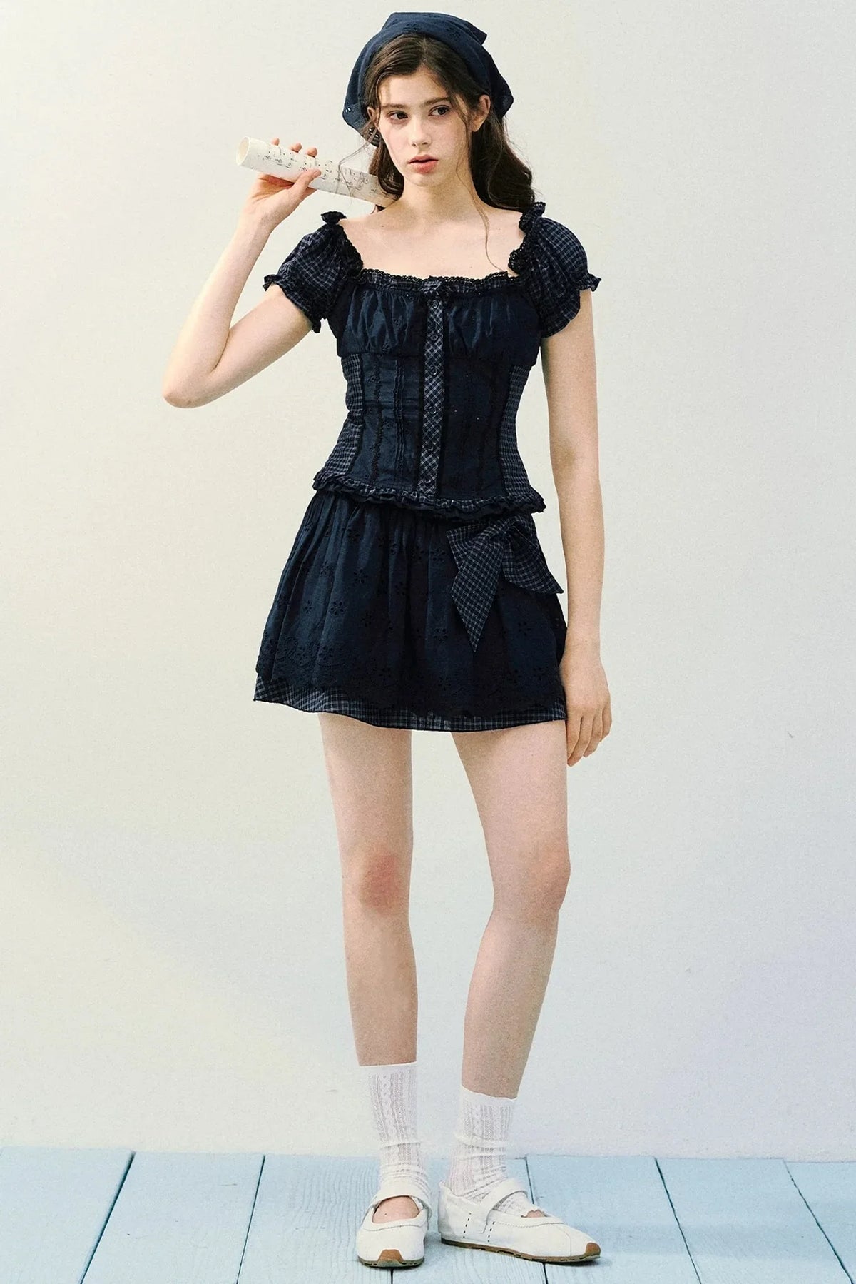 Embroidered Plaid Bow Skirt Set-Up