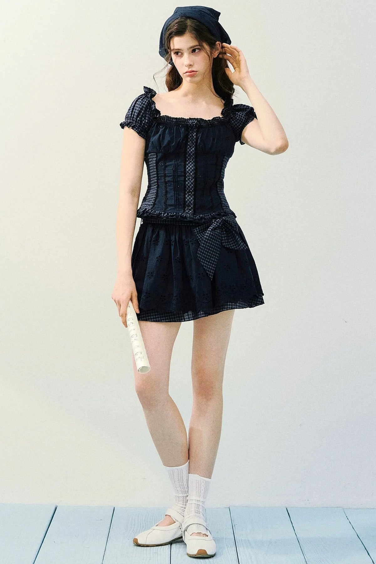Embroidered Plaid Bow Skirt Set-Up
