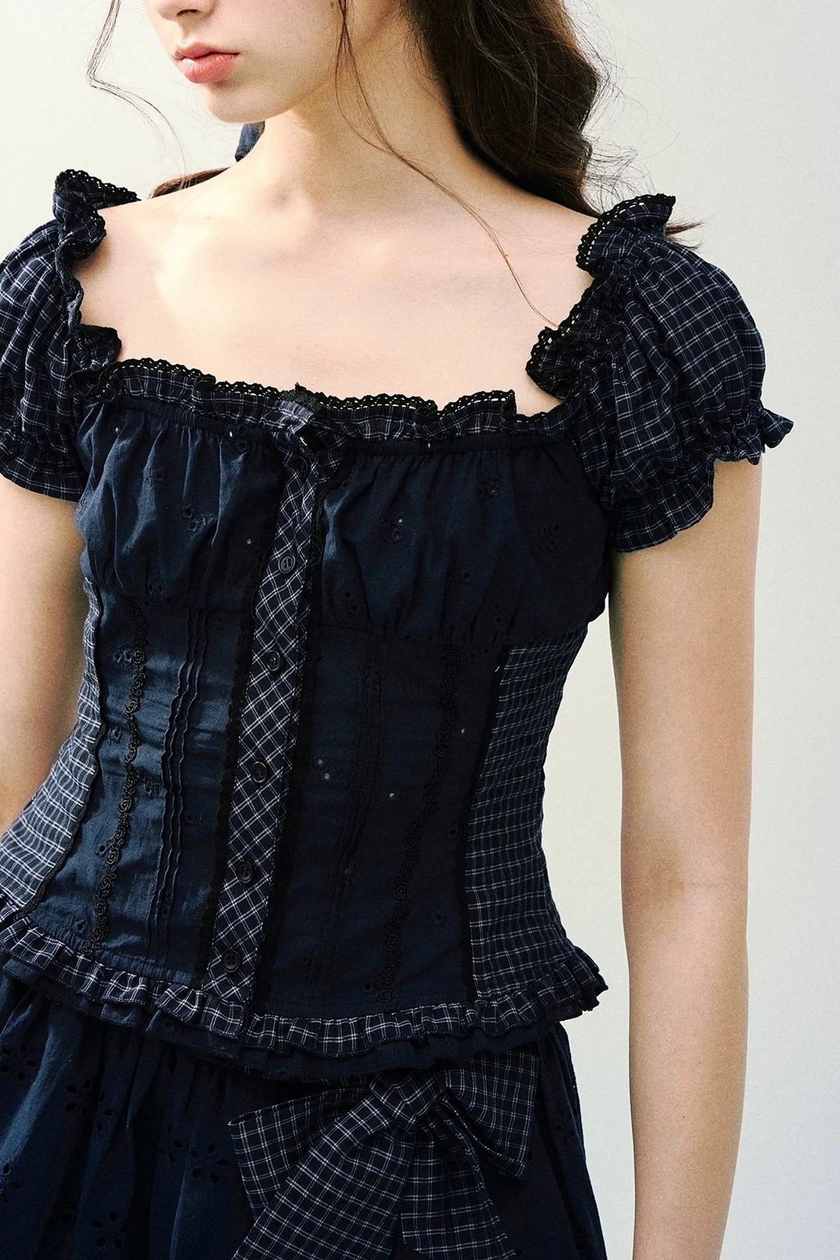 Embroidered Plaid Bow Skirt Set-Up