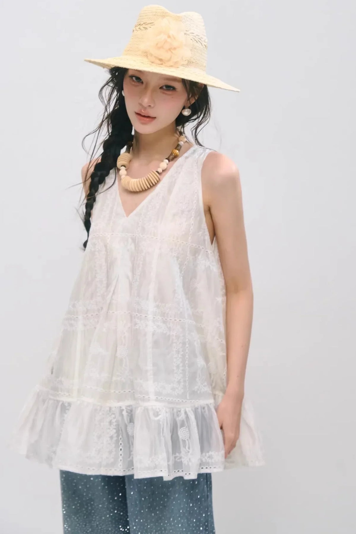 Embroidered Ruffled Tank Dress