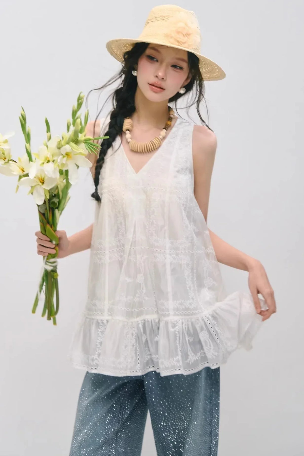 Embroidered Ruffled Tank Dress
