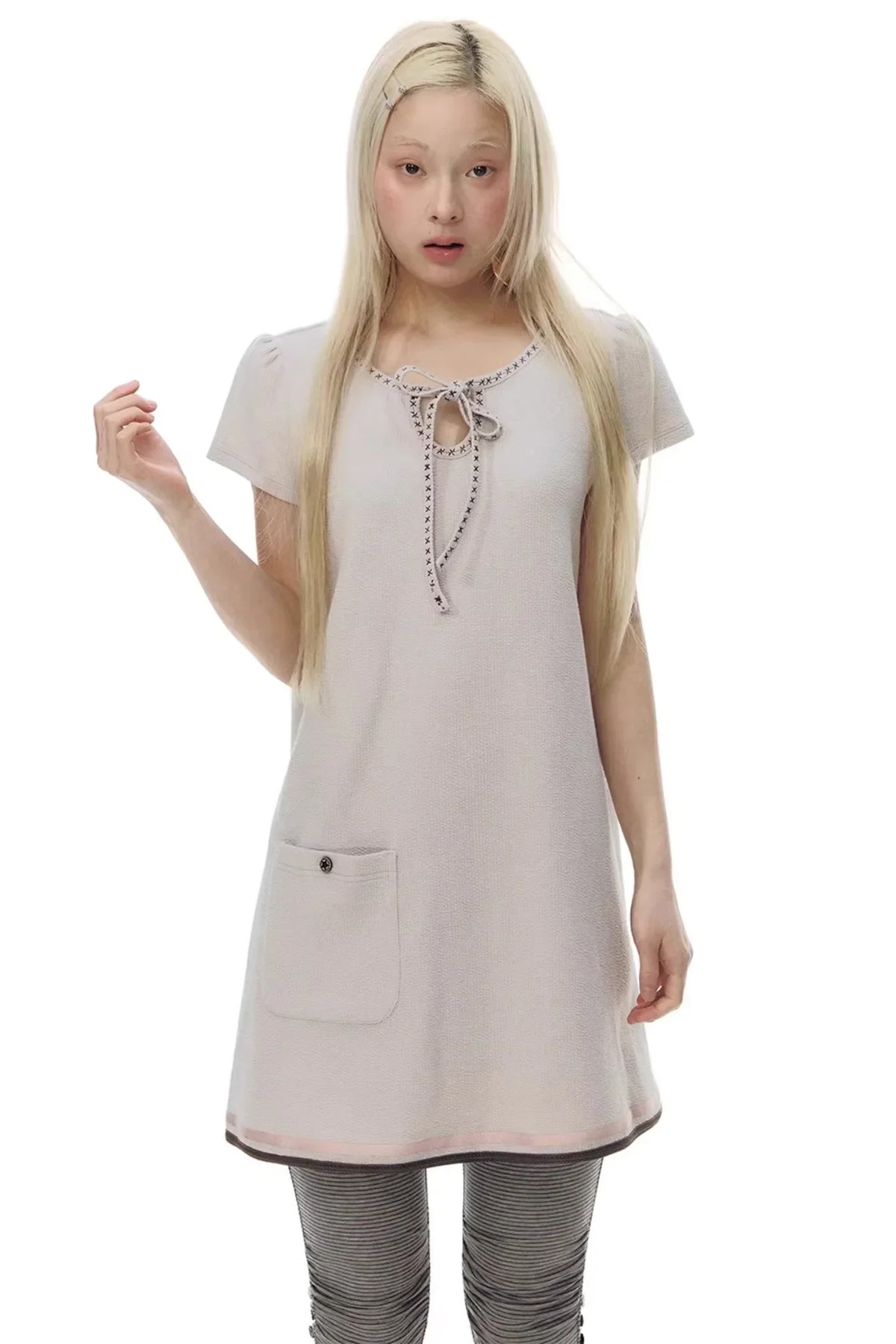 Embroidered Tie Neck Dress