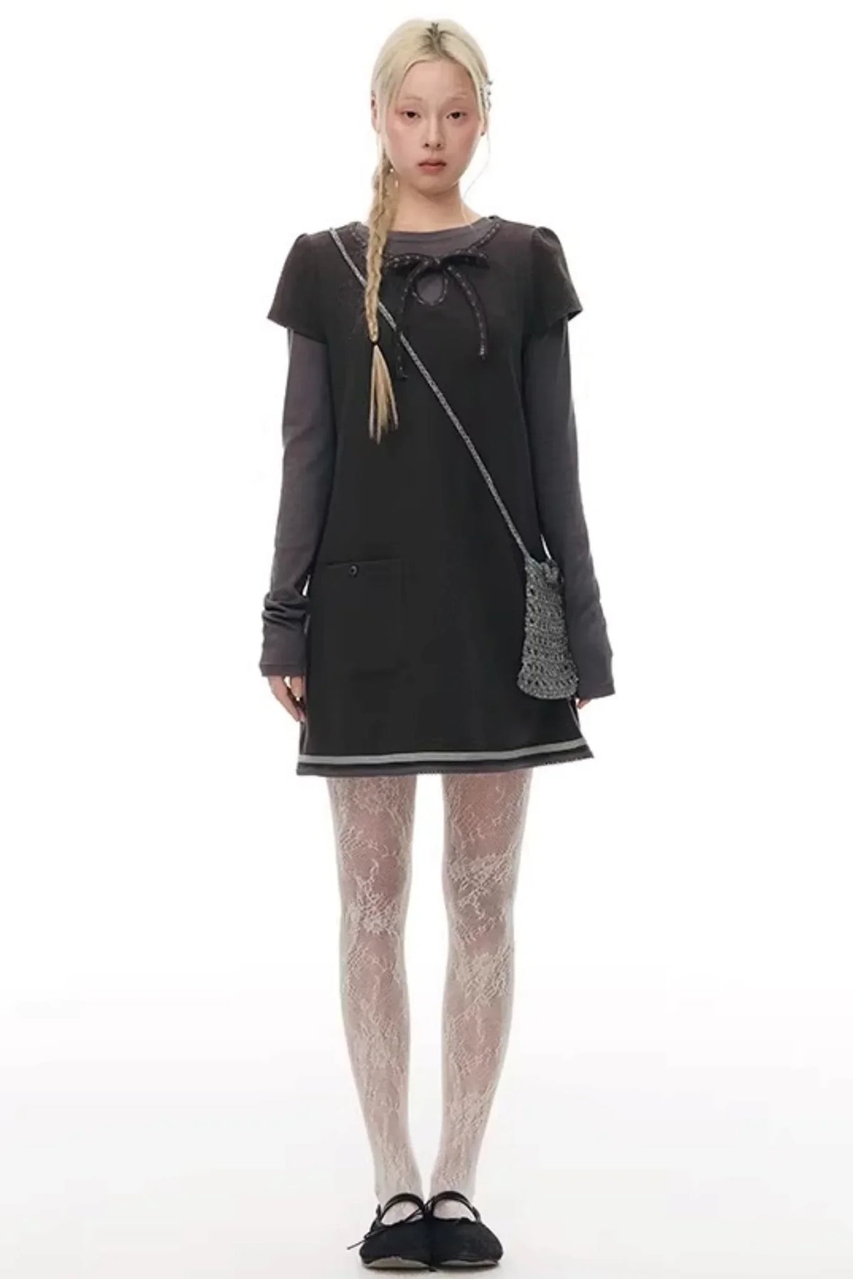 Embroidered Tie Neck Dress