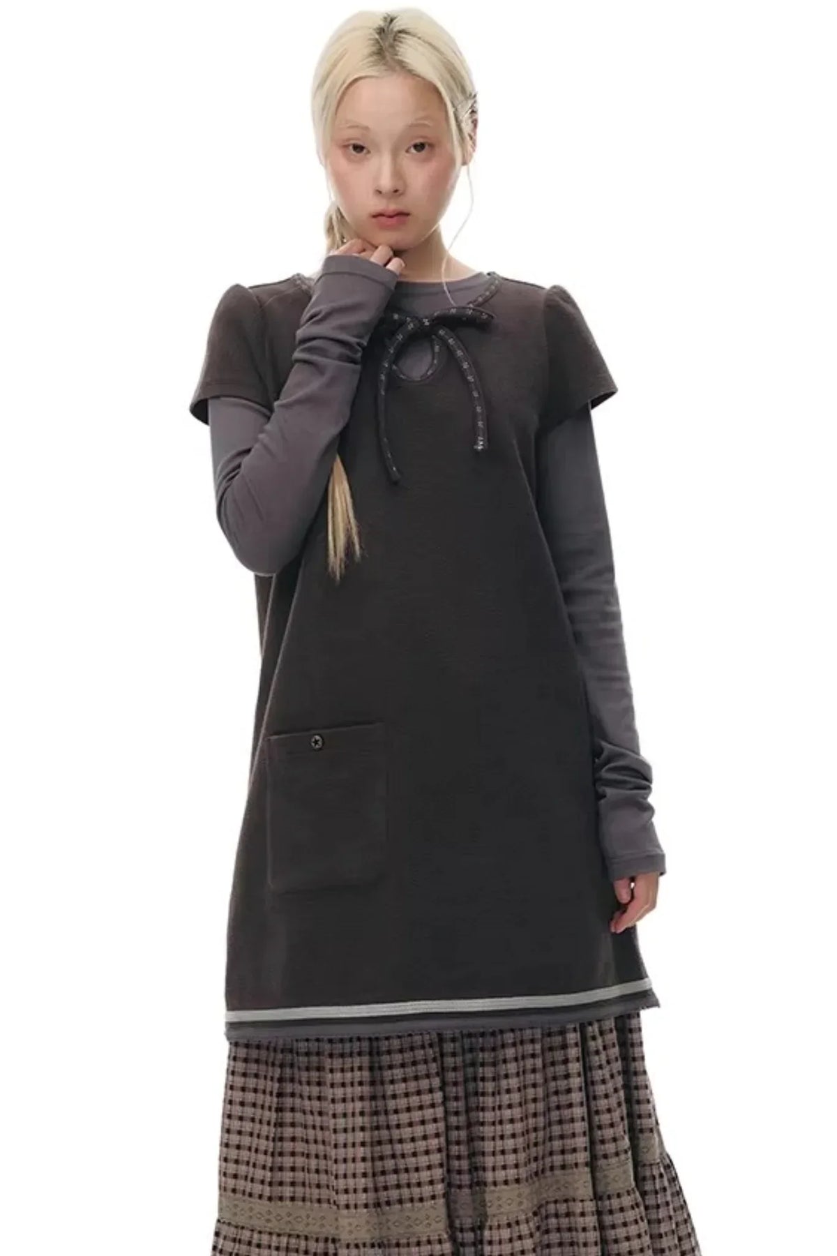 Embroidered Tie Neck Dress