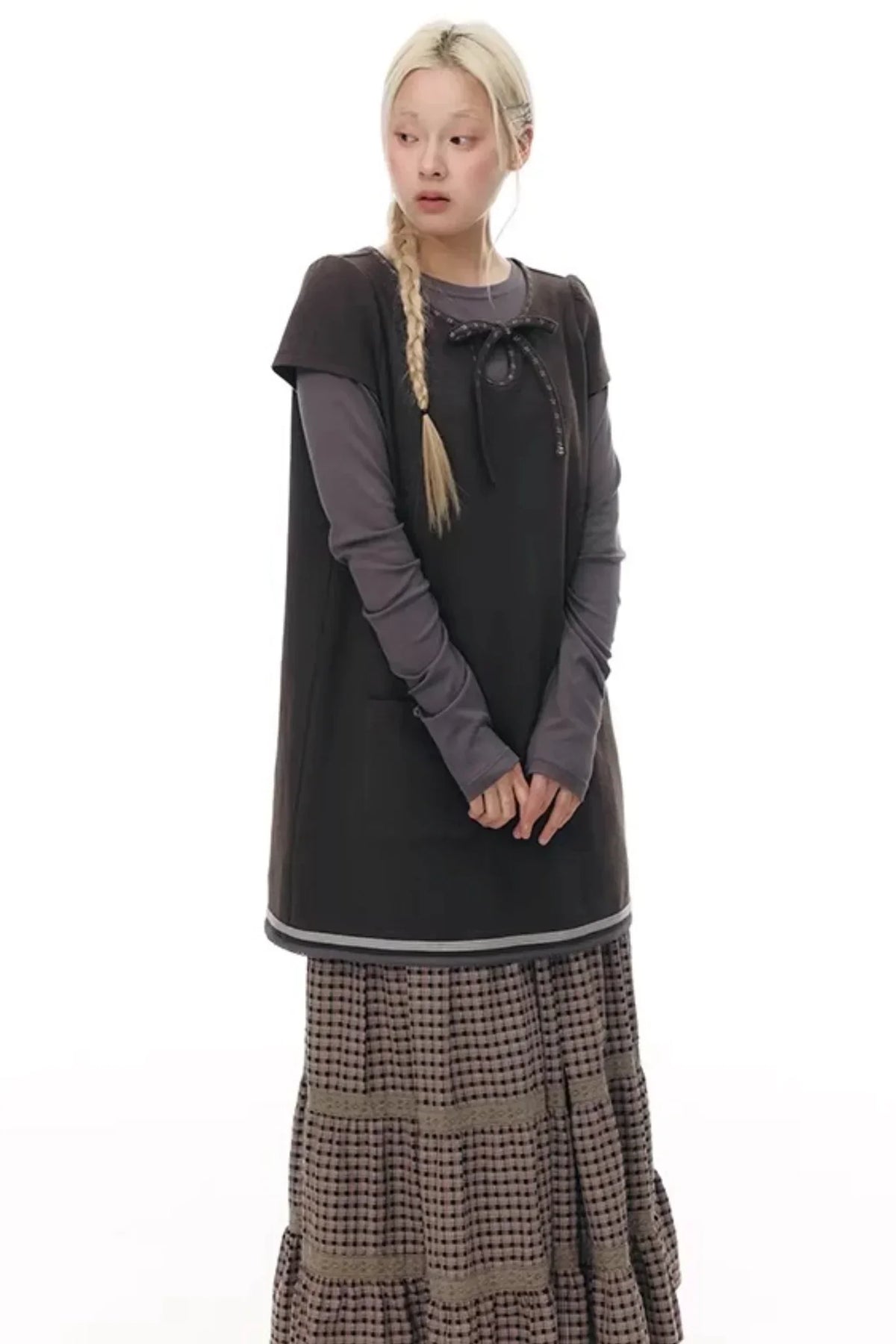 Embroidered Tie Neck Dress