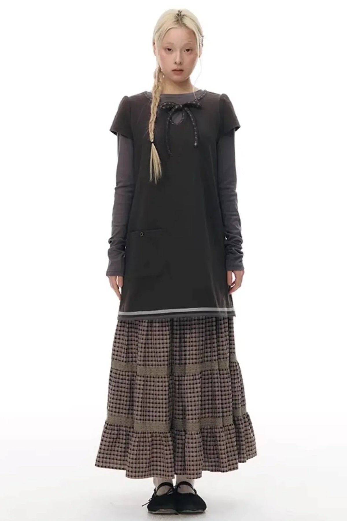 Embroidered Tie Neck Dress