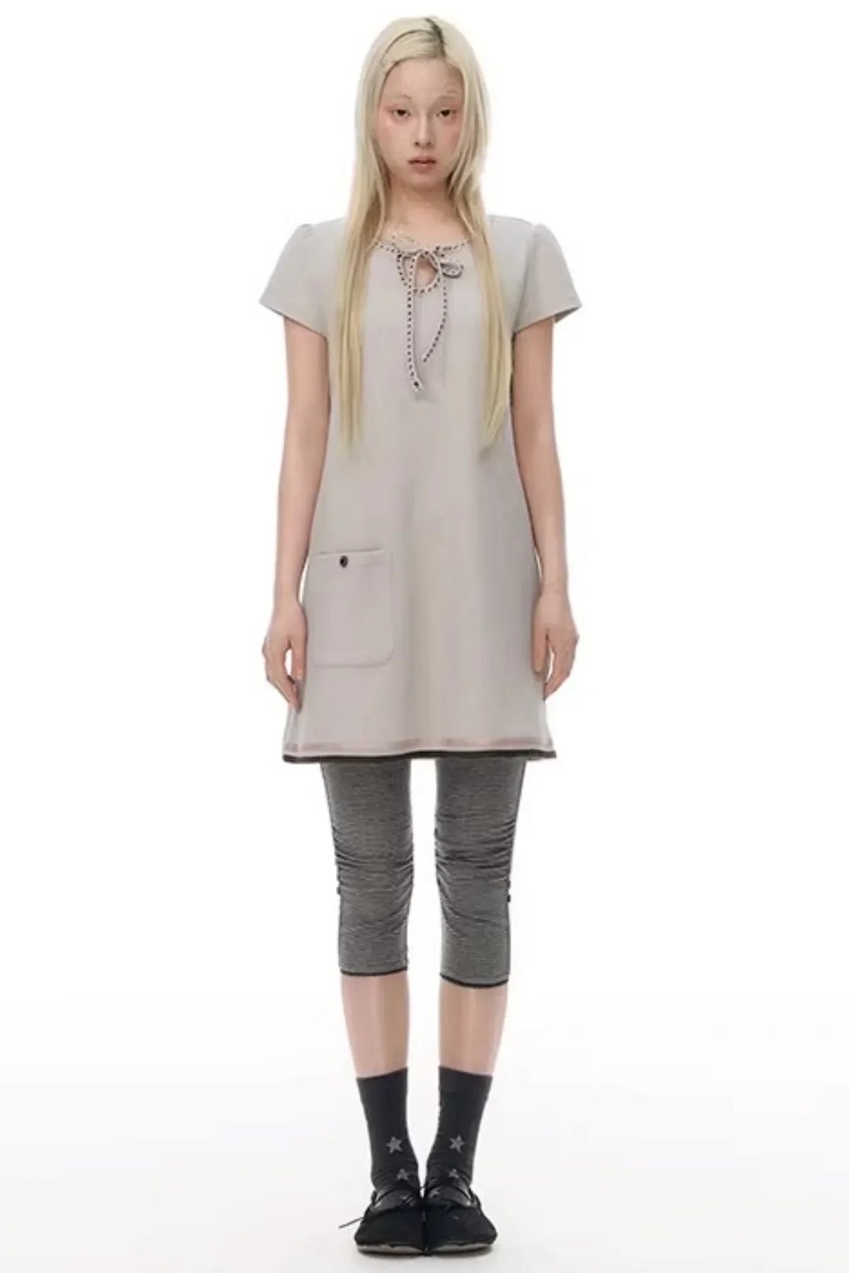 Embroidered Tie Neck Dress