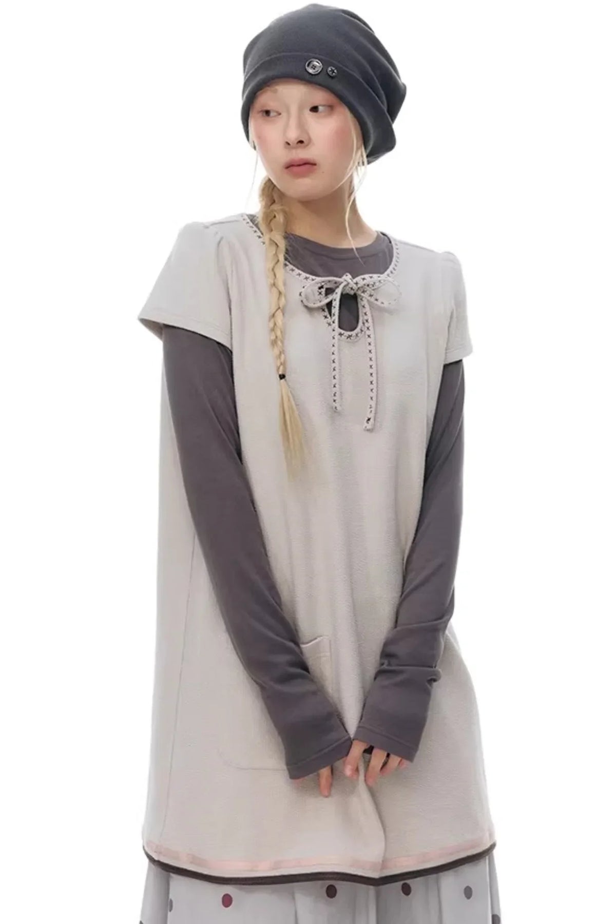 Embroidered Tie Neck Dress