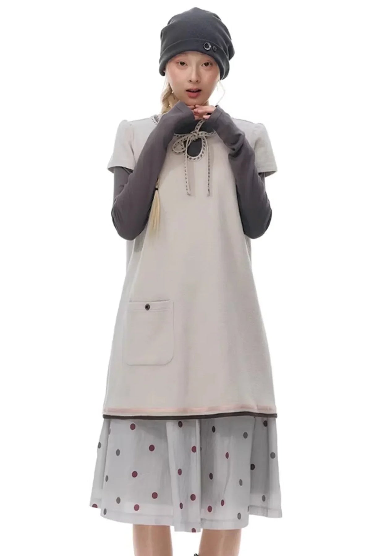Embroidered Tie Neck Dress