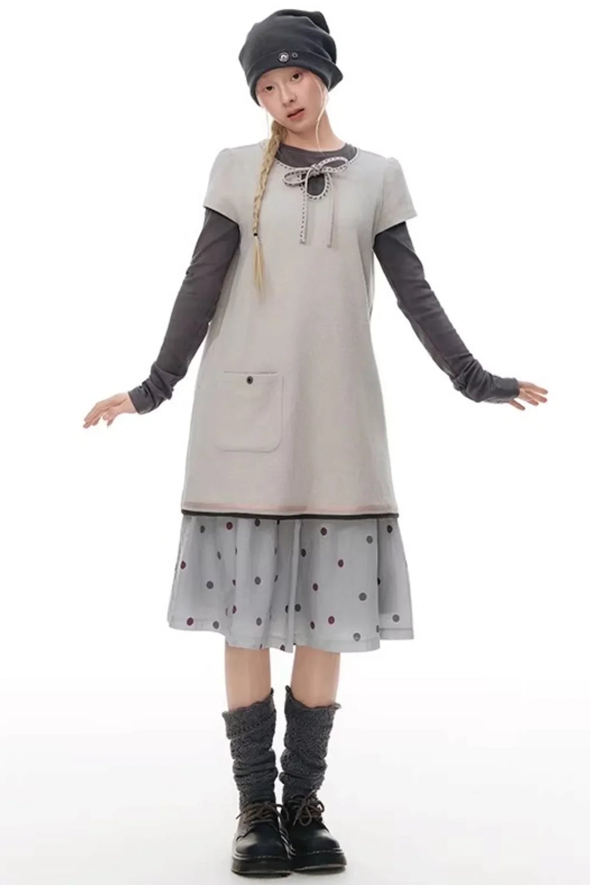 Embroidered Tie Neck Dress