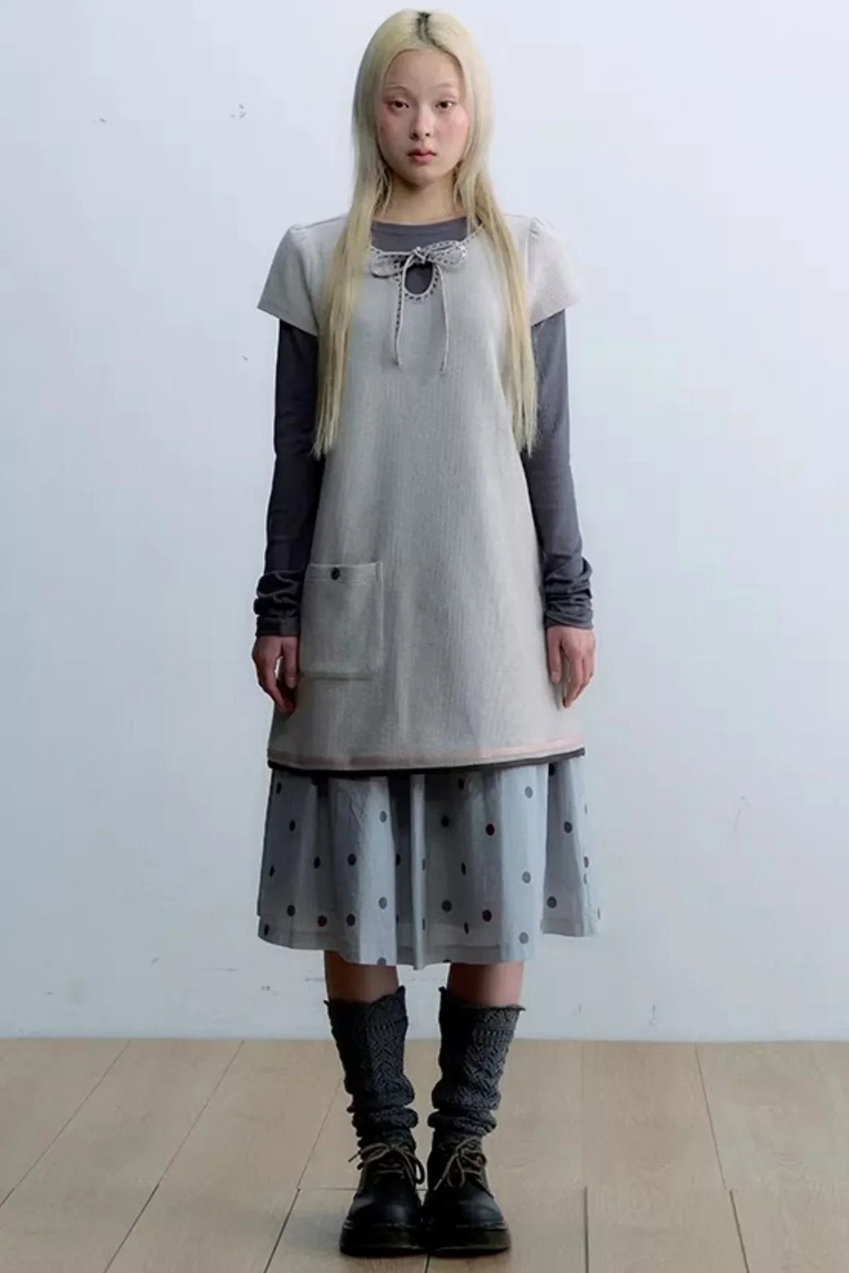 Embroidered Tie Neck Dress