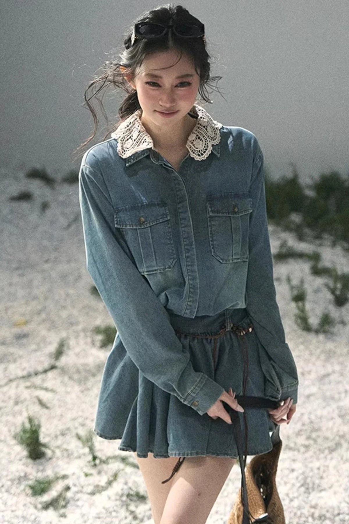 Eye-Catching Lace Collar Dress Set