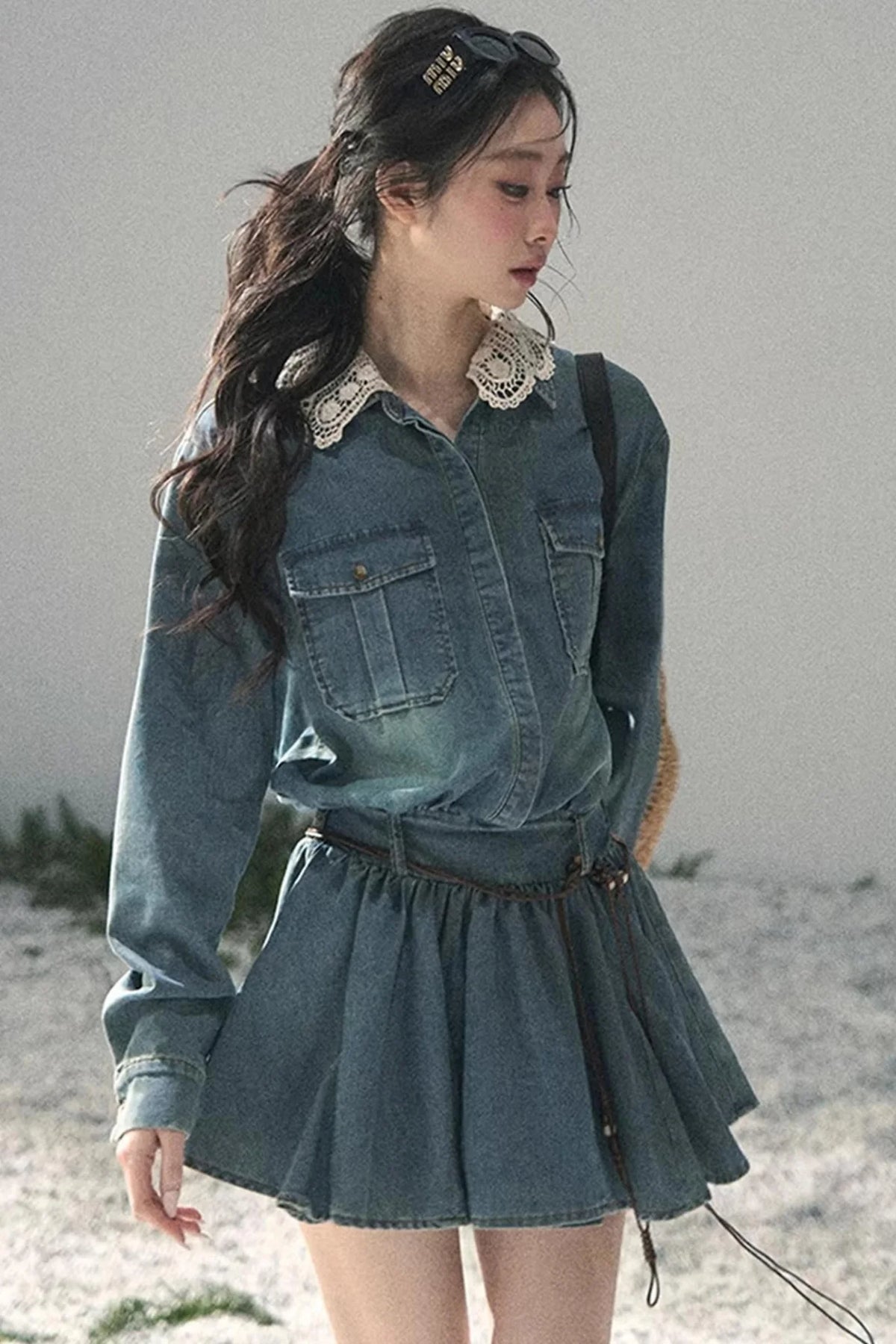 Eye-Catching Lace Collar Dress Set