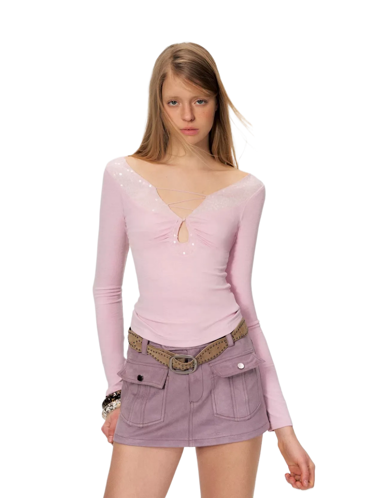 Cut-Out Lace-Up Slim Fit Long Sleeve Top