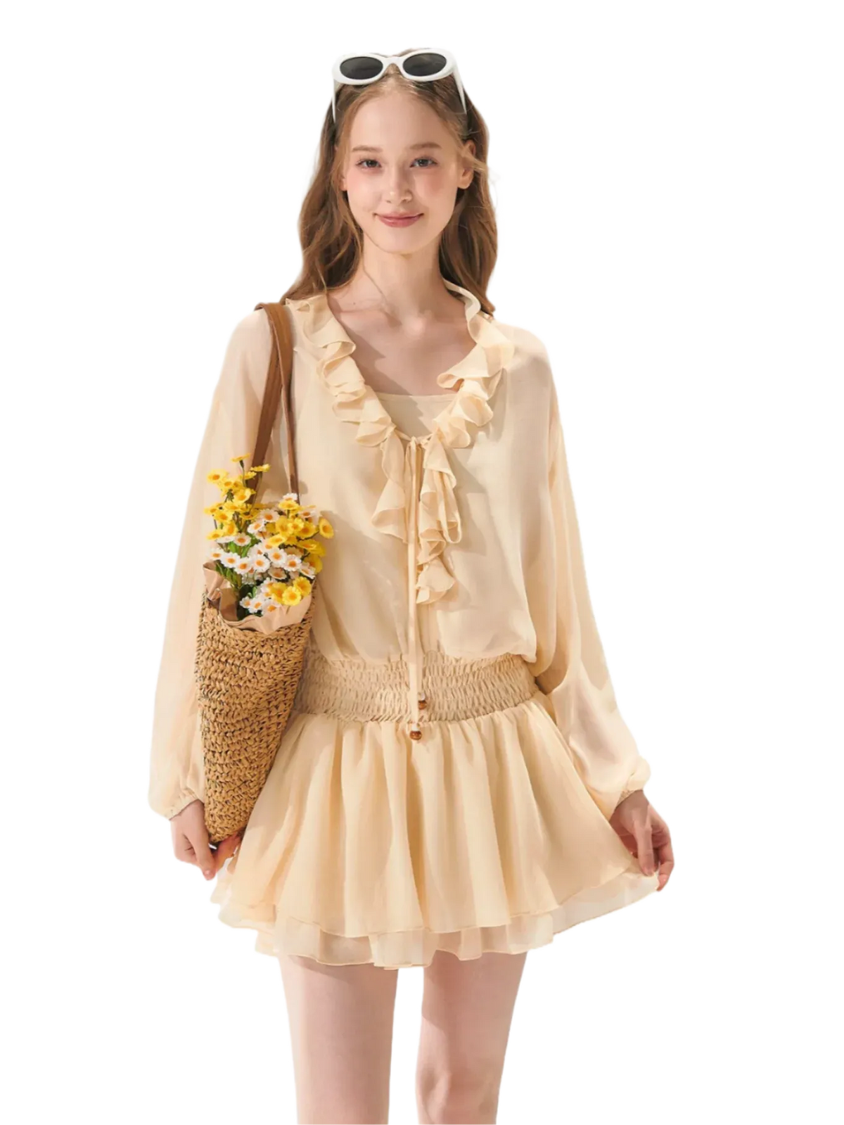 Beaded Ruffle-Trim Chiffon Mini Dress