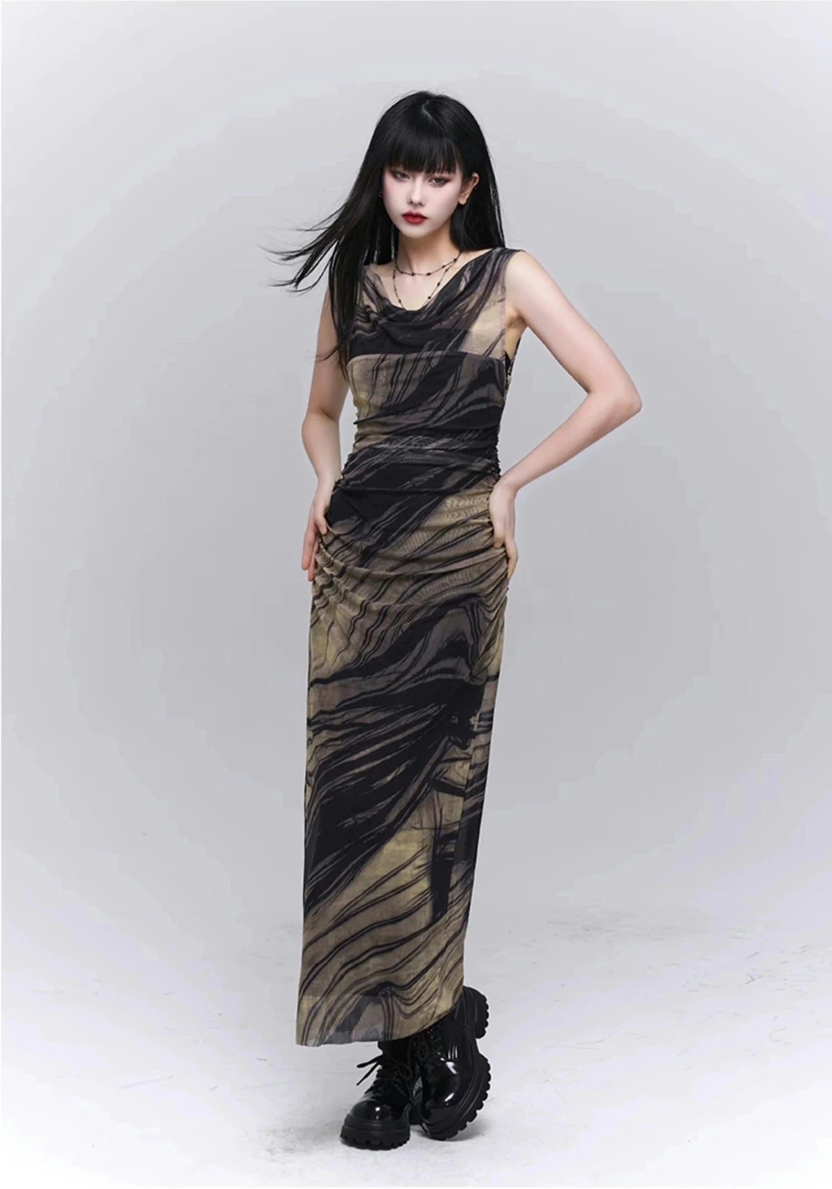 Marble Print Mesh Maxi Dress