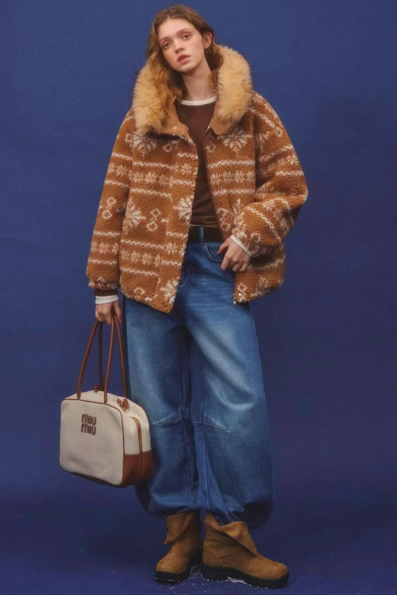 Fair Isle Fur Collar Jacket