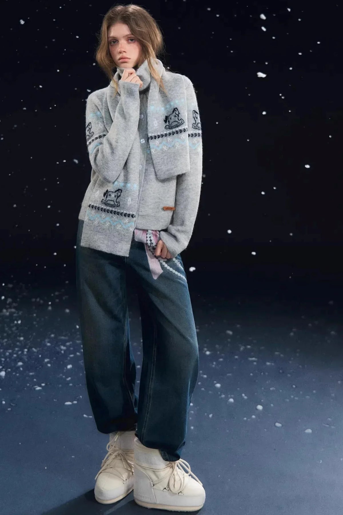 Fair Isle Scarf Cardigan Two-Piece Set