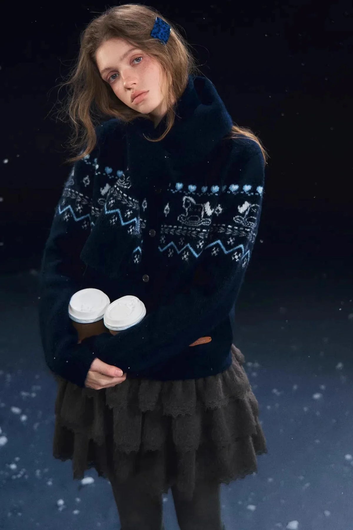 Fair Isle Scarf Cardigan Two-Piece Set