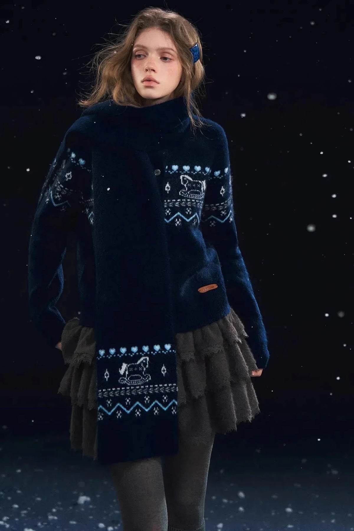 Fair Isle Scarf Cardigan Two-Piece Set