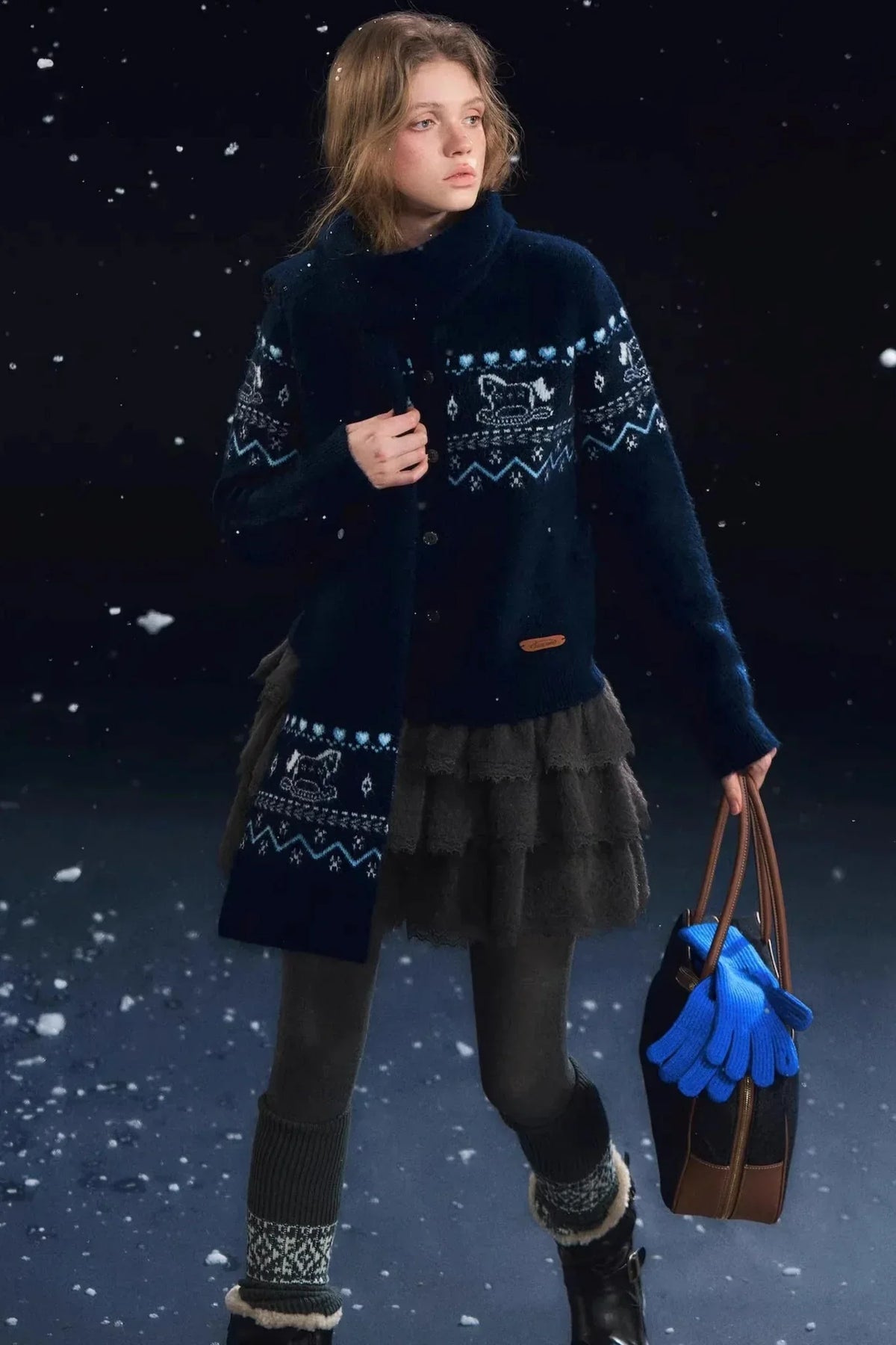 Fair Isle Scarf Cardigan Two-Piece Set