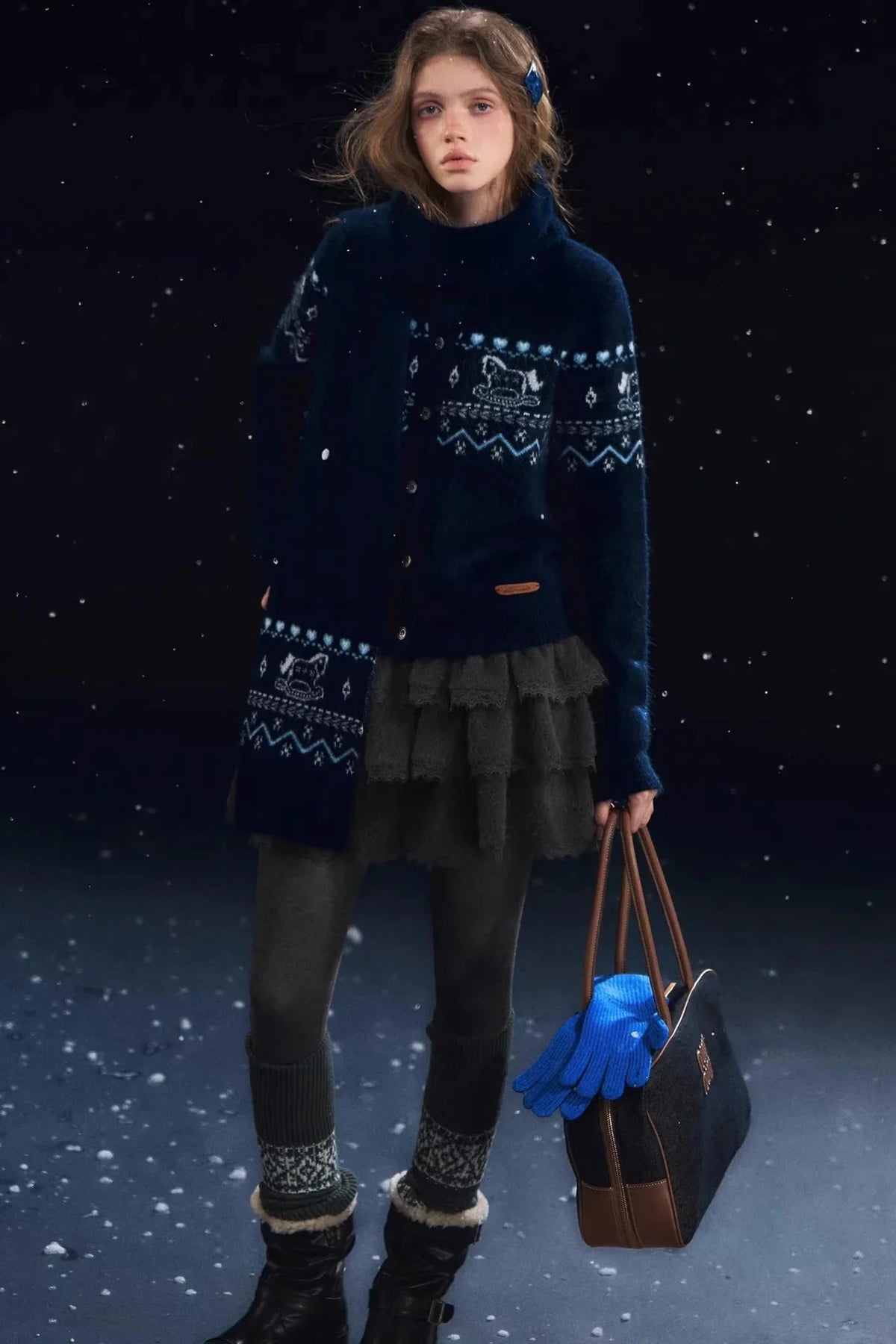 Fair Isle Scarf Cardigan Two-Piece Set