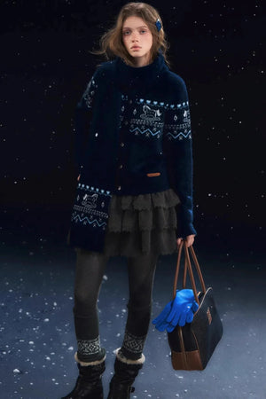 Fair Isle Scarf Cardigan Two-Piece Set