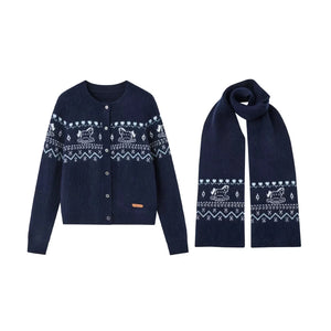 Fair Isle Scarf Cardigan Two-Piece Set