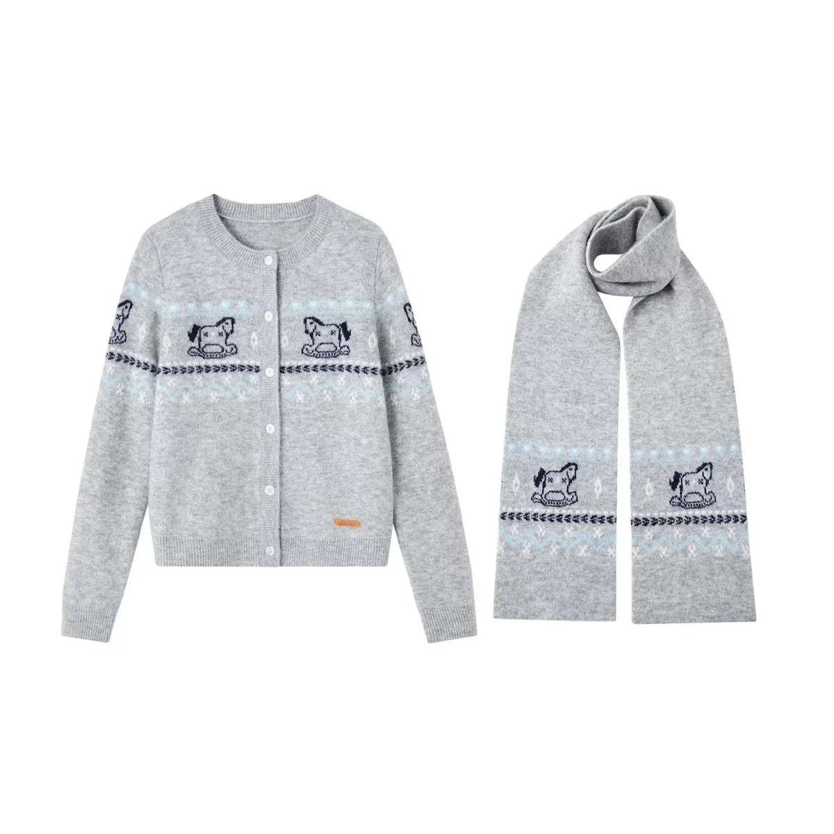 Fair Isle Scarf Cardigan Two-Piece Set