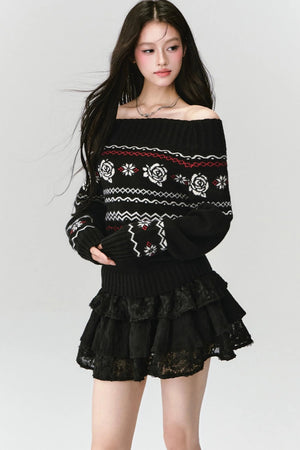Fair Rose Jacquard One-Shoulder Sweater