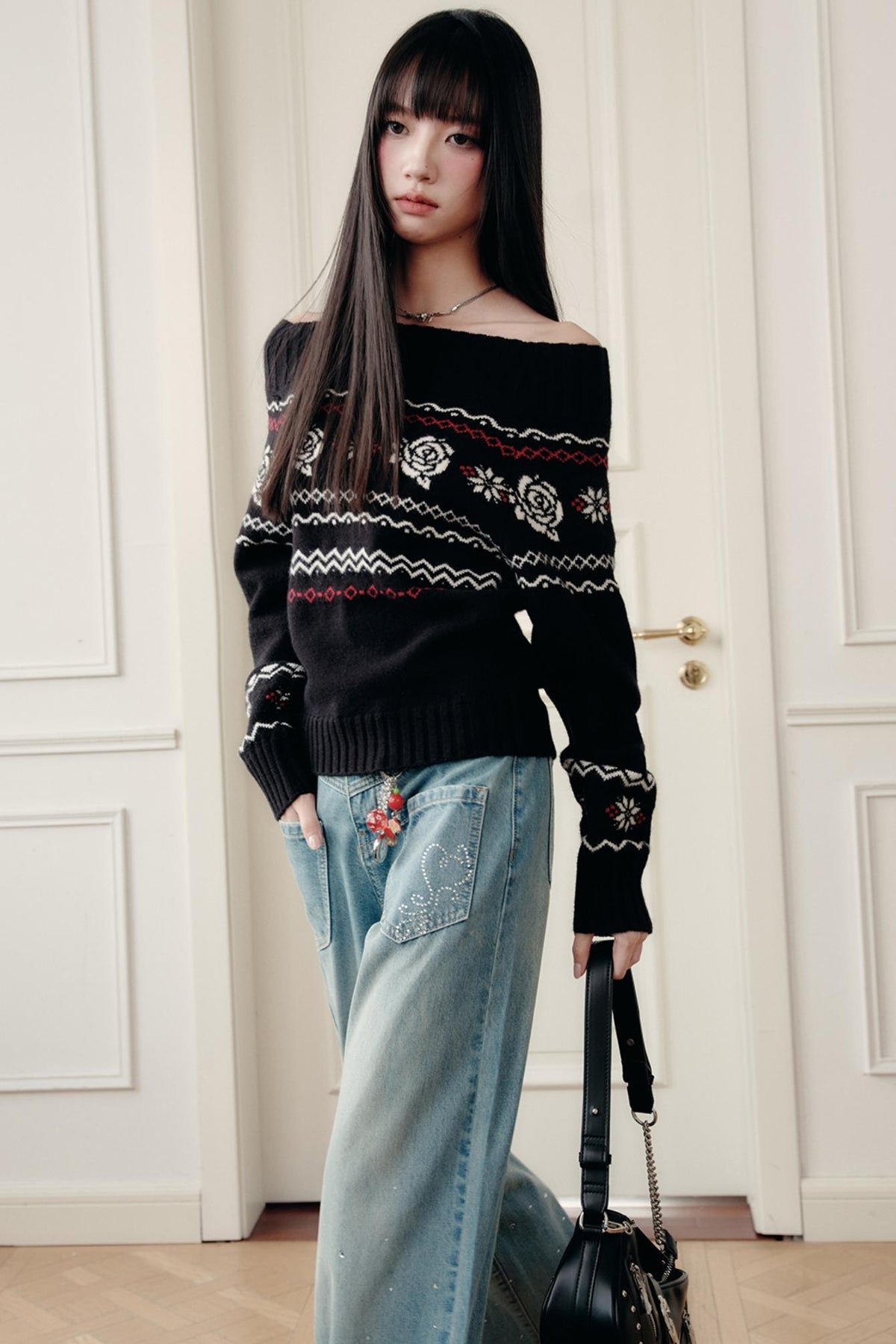 Fair Rose Jacquard One-Shoulder Sweater