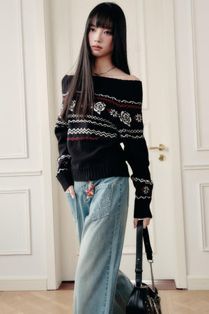 Fair Rose Jacquard One-Shoulder Sweater
