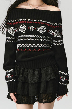 Fair Rose Jacquard One-Shoulder Sweater