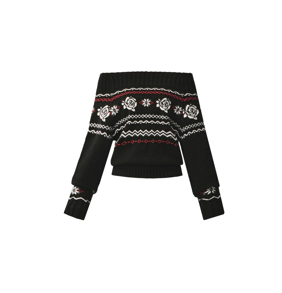 Fair Rose Jacquard One-Shoulder Sweater