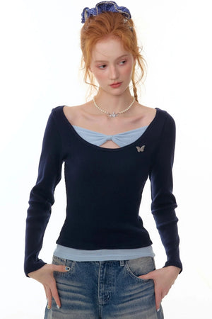 Fake Two Bow Long sleeve T-shirt
