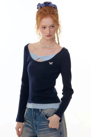 Fake Two Bow Long sleeve T-shirt