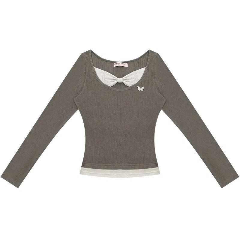 Fake Two Bow Long sleeve T-shirt