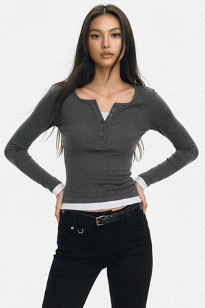 Fake Two Collar Stretch Slim T-Shirt