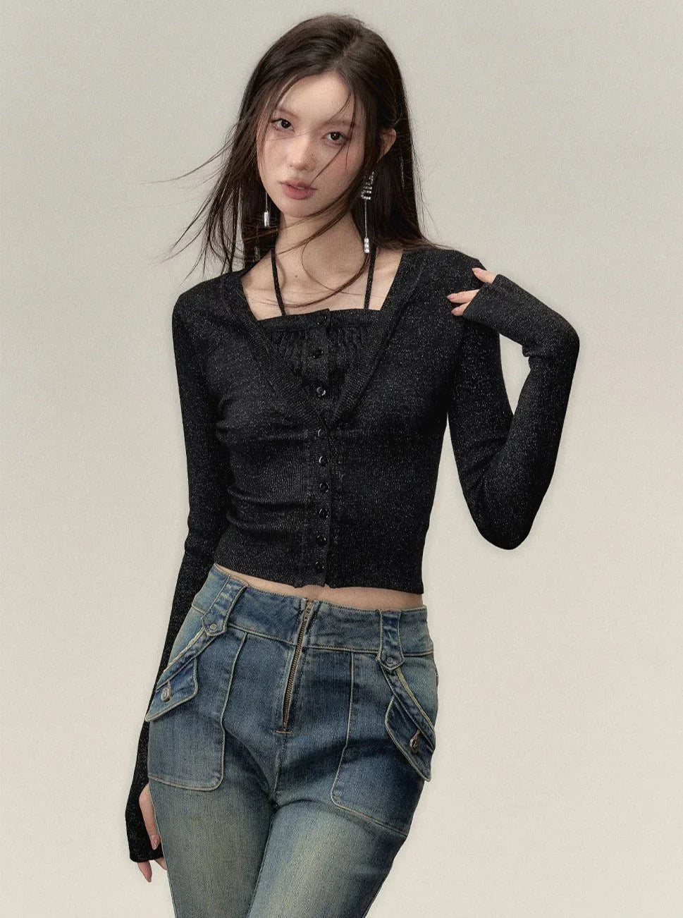 Fake two collarbone knit sweater