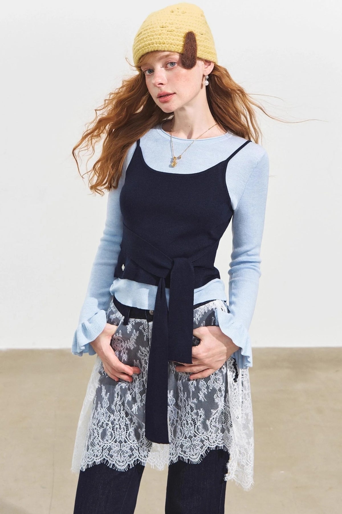 Fake Two Contrasting Lace-Up Top
