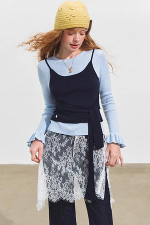 Fake Two Contrasting Lace-Up Top