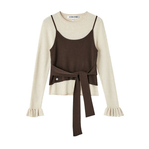 Fake Two Contrasting Lace-Up Top